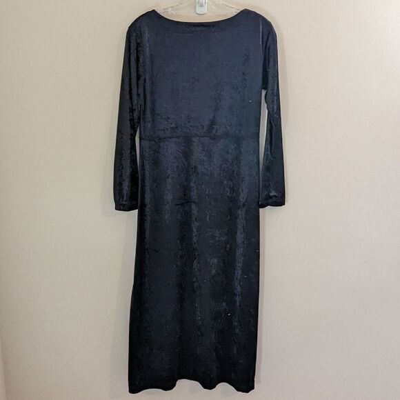 80s Vtg Black Crushed Velvet Long Sleeve A-Line Empire Waist Midi Dress - Picture 2 of 6